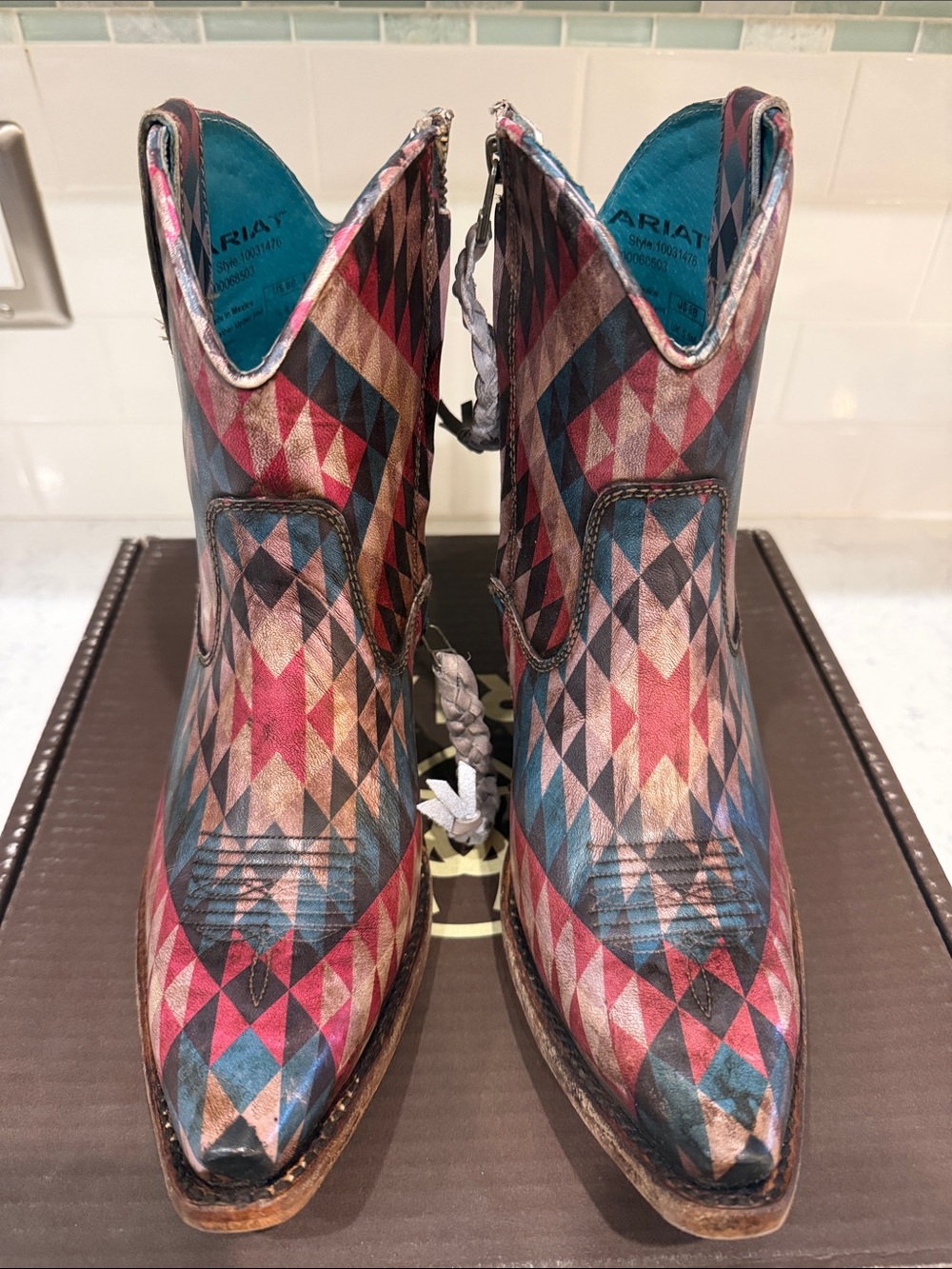 New in Box Ariat Teal Red Blue Southwestern Geometric Western Ankle Boots size 8 - Picture 2 of 10